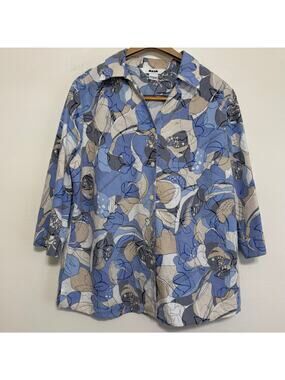 Alia Abstract Floral Button Down Shirt Blue Beige Gray 14